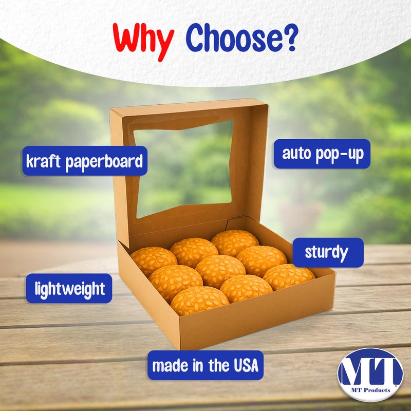 MT Products Brown Cookie Boxes 8" x 8" x 2.5" - Auto Pop-Up Bakery Boxes with Window (Pack of 25) - Made in the USA - Image 5